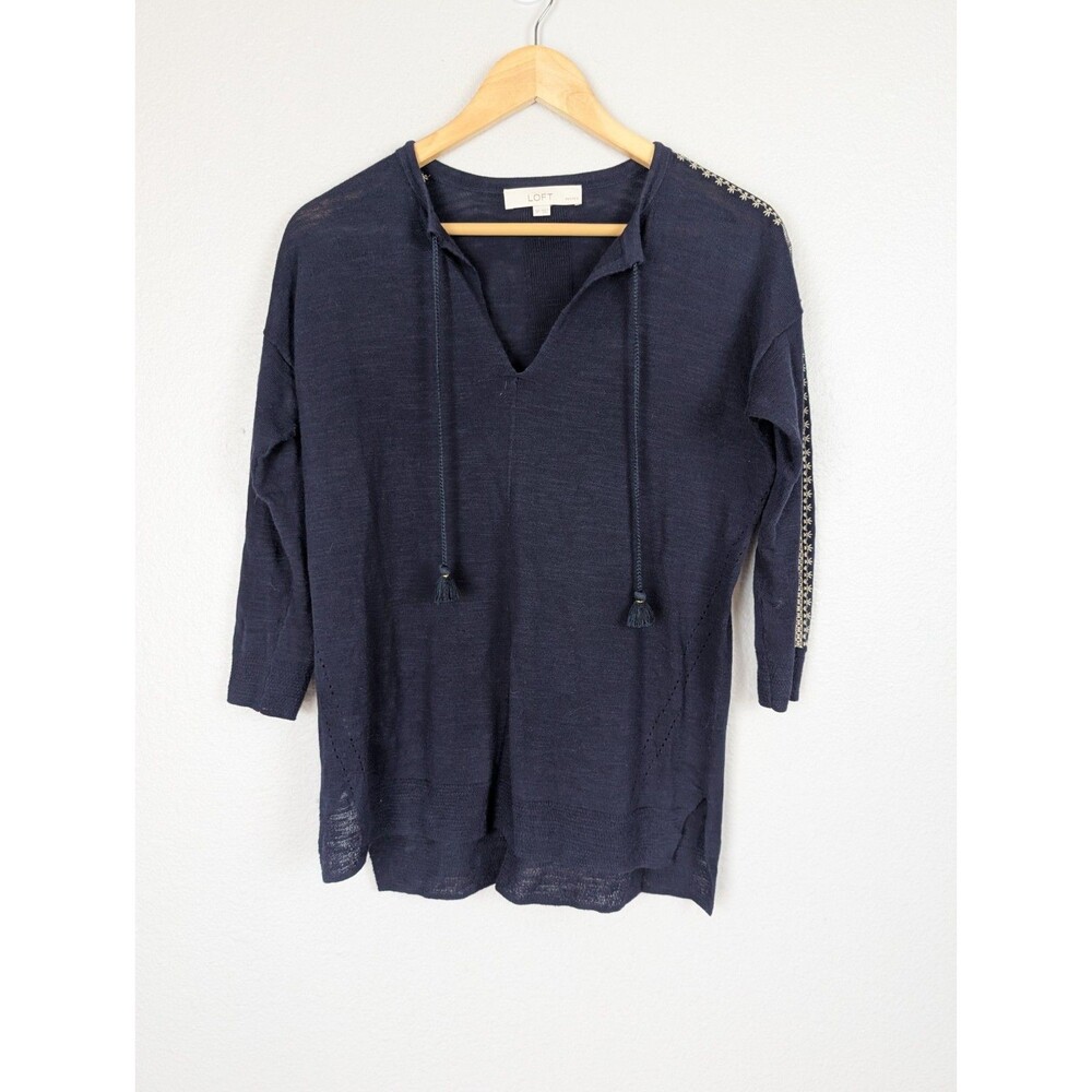 LOFT Navy Blue Lightweight Sweater Patterned Sleeve Tassel S Petite SP 194